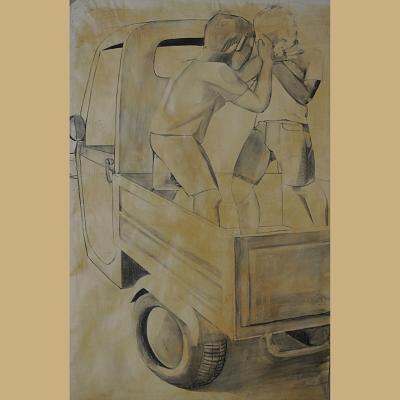Rue Bortolotti <p>pierre noire et fusain sur papier, cm 150 x 110<br class='autobr' />
2018</p>