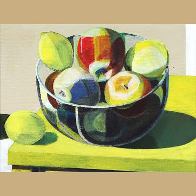 Pineapple apple blue banana <p>Acrylique sur toile, cm 30 x 40<br class='autobr' />
2015</p>